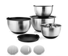 HOMFA-Saladier Inox-Lot de 4-Bols à Mélanger Fond en Silicone avec Mandolines Multifonctionnels et Couvercles-Bols à Salade Mesures Graduées Durable et de Haute Qualité