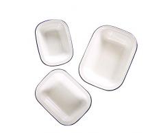 Webake Lot de 3 Plat à Rôtir en émail Traditionnel Rectangulaire Anti-adhésive en Céramique pour Rôtir les Plats à Gâteau – Blanc Massif avec Rim Bleu