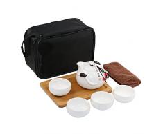 Portable Théière Traditionnelle avec 4 Tasses de thé pour Kungfu thé/thé Chinois/thé Japonais, en Théière en Céramique Chinoise & 4 Tasse de thé & Plateau de thé en Bambou & Sac de rangment (Blanc)