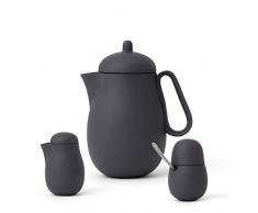 Viva Scandinavia Set de 3 pièces Comprenant Une théière Design, Un Pot à Lait et Un sucrier avec Une cuillère en Acier Inoxydable, en Porcelaine Matte de Couleur Gris Anthracite