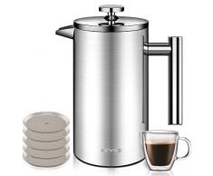 KYG Cafetière à Piston French Press en Acier Inoxydable Isolation Thermique Permanent pour Café Thé avec 5 Filtres Recharges 1L