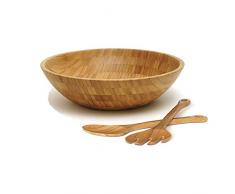 Saladier en bambou avec ustensiles de service Bois Saladier rond – Grand Ensemble de 3