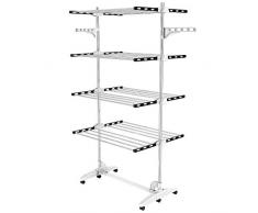 Todeco - Etendoir à Linge, Etendage à Linge - Matériau: Tubes en Acier Inoxydable - Charge maximale: 3 kg par Barre de Support - 4 étagères, Noir/Blanc, avec Ailes