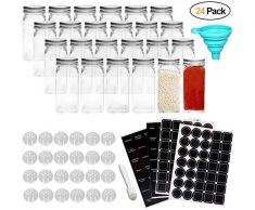 Lot de 24 bocaux à épices en verre avec couvercle shaker - Pot à épices carré avec étiquette, dessus de shaker, bouchon hermétique, stylo à ardoise, entonnoir large