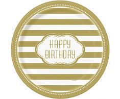 Unique Party 49585 - Assiettes en Carton de 23 cm Anniversaire Doré, Paquet de 8