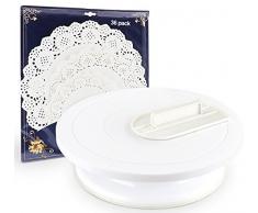 Plateau Tournant Ø 27,5cm +36 Pièces Papier Napperon Dentelle Blanc+Gâteau Lisseur pour Ganache et Décorer Gâteaux Pâtisseries par ilauke 38 Outils à Pâte Sucre