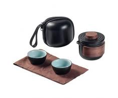 Mini Théière de voyage en céramique Kung Fu chinois, 1 pot 2 tasses en porcelaine avec infuseur à thé Sac portable pour pique-nique en plein air (Noir)