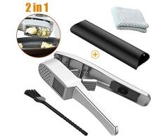 Presse-ail en Acier Inoxydable - 2 en 1 professionnel Garlic Press Pratique, Outil de Cuisine Facile à Nettoyer (Argent + Chiffons)