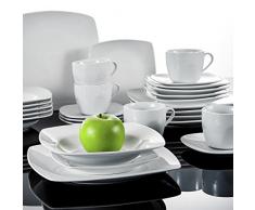 Malacasa, Série JULIA, Porcelaine Service de table, Service à café, 30 pièces avec 6 Tasses, 6 Soucoupe, 6 Assiette à dessert, 6 Assiette à soupe, 6 Assiettes plates Vaisselles Couverts pour 6 personnes Céramique Blanc