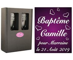 2 Flûtes à Champagne Gravées Modèle Envolée de Coeurs avec Boîte Cadeau - Cadeau Parrain ou Marraine – Verre de Baptême Communion – Coupe de Champagne personnalisée (Demande Annonce naisance)