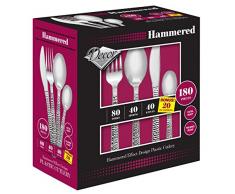 Decorline- Set de Couvert Combo Pack 180 Pieces- Couverts de Plastique jetables- Argent métallisés- Effet martelé.