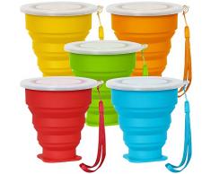 senhai Lot de 5 Tasse de Voyage Pliable avec Couvercle, Tasse à Boissons Pliable en Silicone de 6 oz, BPA sans rétractable pour randonnée Camping Pique-Nique - Bleu, Vert, Jaune, Orange, Rouge