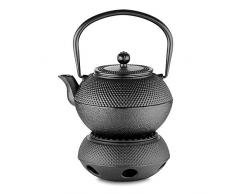 Velaze Théière en Fonte Japonaise, Emaillé à L’intérieur Noir Classique, Teapot en Fer du Thé de 1.1L, avec Réchauffeur et Haute Poignée, Un Panier des Feuilles de Thé