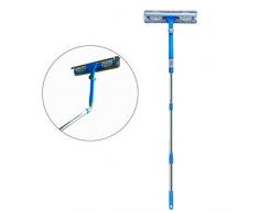 IKU Télescopique 3-en-1 Nettoyeur de Raclette Vitre (145cm) avec Lave-vitres Manche Extensible & Chiffon en Microfibre & Raclette à 180° & Brosse à Rainure pour Fenêtres/Porte/Douche/Voiture (Bleu)