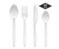 Matana 400 Pièces Couverts en Plastique Jetables Blancs - Solide, Robuste & sans BPA| 100 Cuillères, 100 Fourchettes, 100 Couteaux, 100 Cuillères à Café| Fêtes, Anniversaires, Noël.