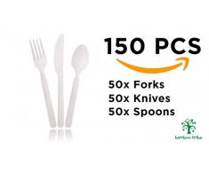Bamboo Tribe Set de Couverts Jetables 100% Biodégradable | Fourchettes, Cuillères & Couteaux Compostables et Plateau | Écologique & Recyclable | Fête, Pique-Nique, Barbecue | 150 Pièces-Ustensiles