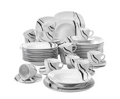 VEWEET Teresa 60pcs Service de Table Porcelaine 12pcs Assiette Plate, Assiette à Dessert, Assiette Creuse, Tasse avec Soucoupes pour 12 Personnes Vaisselles Céramique Design Moderne Ligne Noir