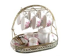DQM Tasse à thé de Fleur de ménage, Services à thé en céramique Anglaise, théière, Tasses en Porcelaine avec Support en métal cuillères Assorties, Service à thé Service à café