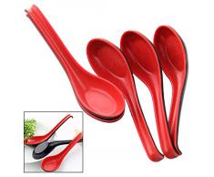 Xrten Cuillère à Soupe, Mélamine,Cuillère à Long Manche Style Chinois en Mélamine, Rouge/Noir