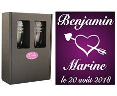 2 Flûtes à Champagne Gravées Modèle Cœur Eros avec Boîte Cadeau - Cadeau de Mariage pour Les Mariés - Cadeau Repas de Mariage, Invité au vin dhonneur, Anniversaire de Mariage