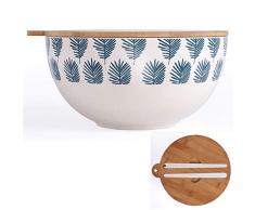 Saladier en bambou grand avec couvercle et couverts à salade (bol à salade, couvercle en bois, bol, bol, 27 cm, bleu)