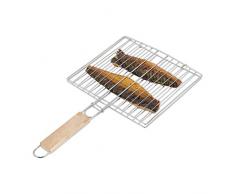 Relaxdays Grille de cuisson poisson barbecue 40 cm, acier, grill, poignée bois, double grille viande, argenté