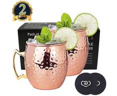LIVEHITOP Set de 2 Moscow Mule Mug Cuivre 530ml Martelé, Moscow Mule Tasse Verres pour Cocktail, Boissons Froides, Fête, Bar, avec sous-Verres (Pack of 2)