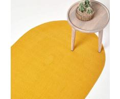 HOMESCAPES Tapis Ovale Artisanal tissé à Plat en Coton Jaune Moutarde pour la Chambre ou Le Salon, 110 x 170 cm