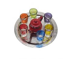 Service à thé mauresque du Maroc, 6 Verres colorés et Une Petite théière émaillée et Un Plateau en alpaga denviron 30 cm de diamètre B07HMD5TCQ