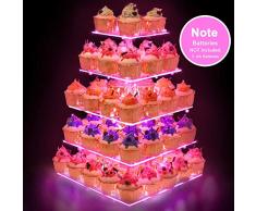 Présentoir à gâteau 5 étages en acrylique + guirlande lumineuse LED - Préféré pour les fêtes, les célébrations, les mariages, les anniversaires Carré à 5 niveaux (lumière rose).