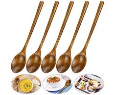 DECARETA 5 PCS Cuillère en Bois Cuisine 23.5 * 4cm Cuillère à Soupe Bois à Long Manche Cuillère à Riz Japonaise Coréenne Cuillère de Cuisson pour Café Riz Salade