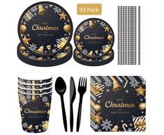 DreamJing 93pcs Vaisselle Jetable de Noël - Merry Christmas Vaisselle Noir et Or Assiette Gobelet Cuillère à Couverts Serviette Décoration de Table de Noël Anniversaire Bonne Année
