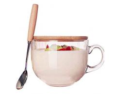 TAMUME 470ml Coupe en Verre Micro-ondes avec Couvercle en Bois, Comprend une Cuillère avec Manche en Bois, Tasse à Café en Verre et Tasse à Thé