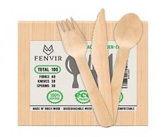FENVIR Couverts Bois Jetables - Couteaux, Fourchettes, Cuillères en Bouleau Biodégradables écologiques - Alternative Durable Aux Ustensiles en Plastique - Idéal pour Les Fêtes, Pique-Niques-100 Pièces