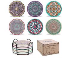 SueH Design Dessous de Verre en Céramique | sous-Verres Absorbante pour Biere avec Support | Coussinet Originaux de 6 Tasses Mandala avec Support en Liège Protecteur | Cadeau pour Amis et Famille