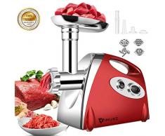 Hachoir à Viande Électrique,Fabricant de saucisses avec 3 acier inoxydable Plaques de Broyage, Tube de Remplissage de Saucisse, 2800W MAX Moteur en cuivre,（Rouge）