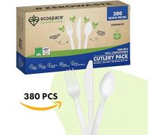 Fourchettes, Cuillères et Couteaux Compostables Certifiés 100% Écologiques | Camping, restauration, pique-nique, barbecue | Couverts et ustensiles jetables, biodégradables | Ecospace | 380 pièces
