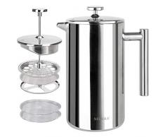 Secura Cafetière à Piston, French Press avec 2 Filtres à Café Acier Inoxydable Réutilisable, 1,5 Litre (1500 ml), Argent