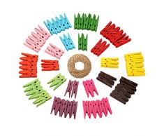 Lot de 100 pinces à linge en bois naturel avec ressort Pour épingler des papier, photos et projet dartisanat Avec 30 m Ficelle de jute