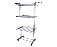 lyrlody Séchoir à Linge avec roulettes 3 Niveaux Pliable Tubes en Acier Etendoir Pliable Étendoir Linge Intérieur à 4 Roues Déplacement Facile Étendoir à Poser Durable