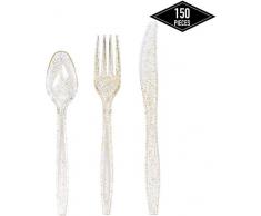 Lot de 150 Couverts Jetables à Paillettes Dorées de Qualité Supérieure - 50 Couteaux, Fourchettes et Cuillères, Idéal pour Les Mariages, Anniversaires, Noël, Réveillon du Nouvel an et Plus Encore