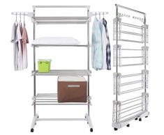 Johgee Étendoir Linge Intérieur sur 4 Niveaux à 6 Roues, Séchoir à Linge Charge Max: 30 KG, Grand Capacité Taille 178 x 89 x 66cm