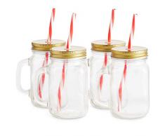 VonShef Lot de 4 verres bocaux Mason 450 ml – pailles et couvercles à vis inclus