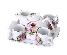 ufengke Fleur Service à Thé en Porcelaine, 1 Pièce Grande Théière, 4 Tasses à Café avec Plateau,B