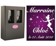 2 Flûtes à Champagne Gravées Modèle Fée avec Boîte Cadeau - Cadeau Parrain ou Marraine – Verre de Baptême Communion – Coupe de Champagne personnalisée (demande annonce naisance) – Fée Clochette Disney
