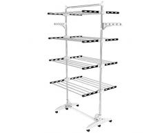 Todeco - Etendoir à Linge, Etendage à Linge - Matériau: Tubes en Acier Inoxydable - Charge maximale: 3 kg par Barre de Support - 4 étagères, Noir/Blanc, avec Ailes et Barre supérieure