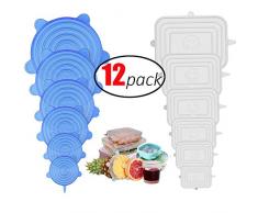 JUMKEET Couvercle Silicone Alimentaire, 12pcs Réutilisable Couvercles Silicone Extensible Carré et Rond pour Conservation des Fruits, Tasses, Verre, Bol, Petite, Micro-Ondes, Four, Frigo (blanc, bleu)