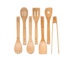 Ustensiles De Cuisine En Bois De Bambou - Set de 7 Accessoires Anti-Rayures (Cuillères, Spatules, Pinces) - Ensemble Ustensiles De Cuisine En Bambou 100% Écologiques Et Naturels - BlauKe