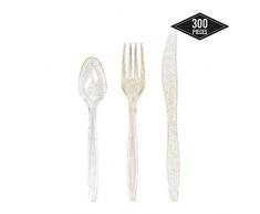 300 Couverts en Plastique Jetables, Paillettes Dorées - Solide, Robuste & sans BPA| 100 Cuillères, 100 Fourchettes, 100 Couteaux| Parfait pour Les Mariages, Fêtes, Anniversaires, Noël.