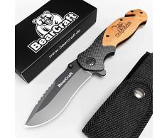 BearCraft Couteau Pliant en Carbone Design avec ** eBook Gratuit * | Couteau de Poche de Survie en Plein air | Couteau de Sauvetage à Une Main avec Briseur de Verre et Coupe-Ceinture